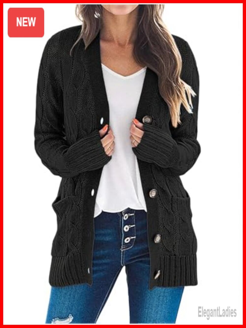 Cable Knit Cardigan Sweater Button Down Loose Fit Two Pockets Fall Winter